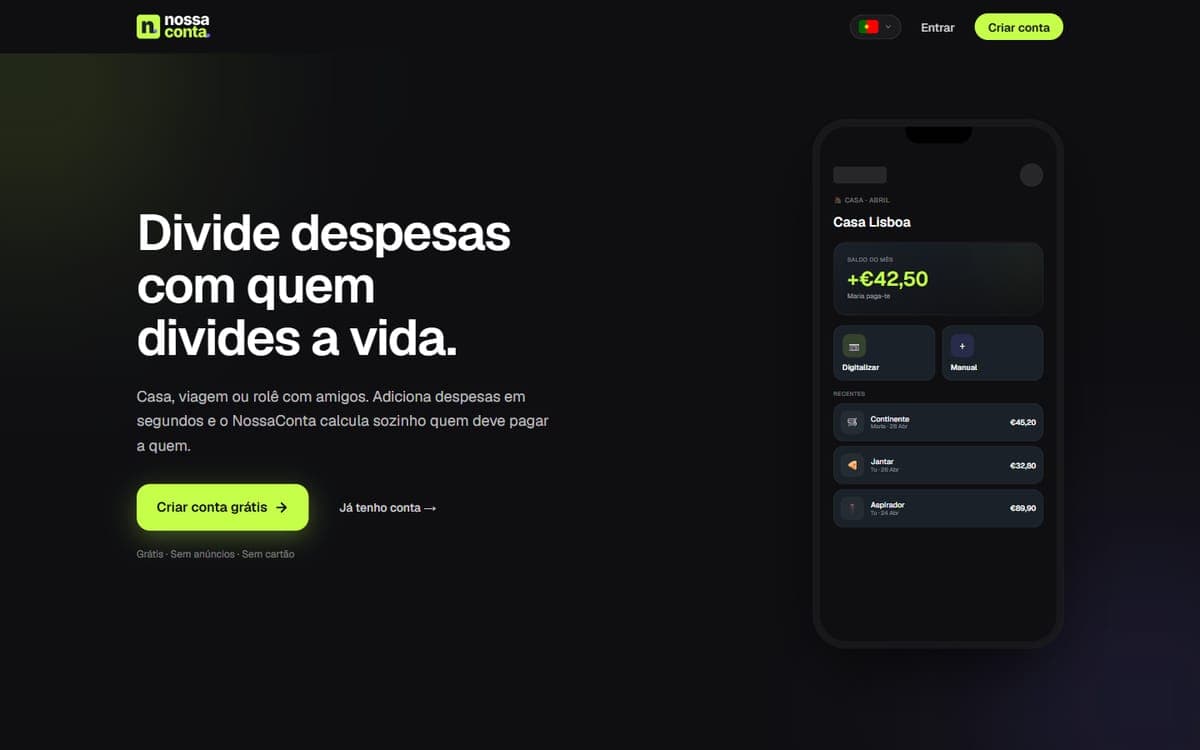 Página inicial da app NossaConta
