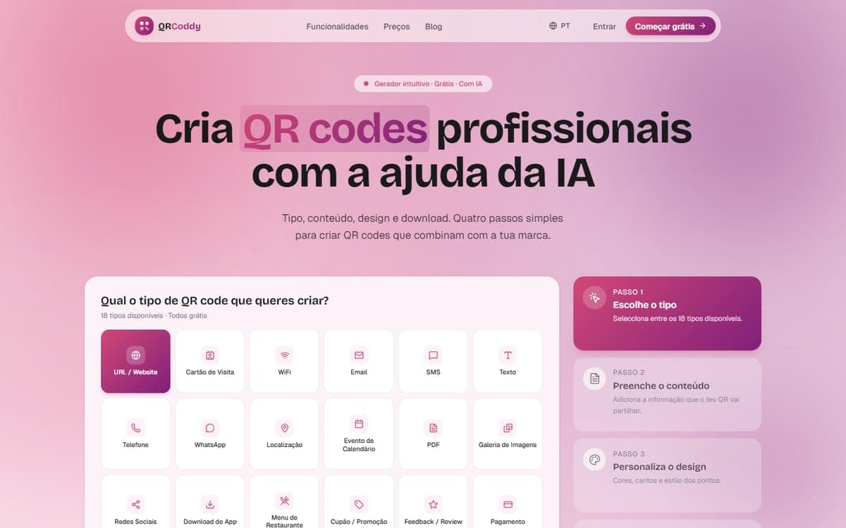 Página inicial do gerador QRCoddy